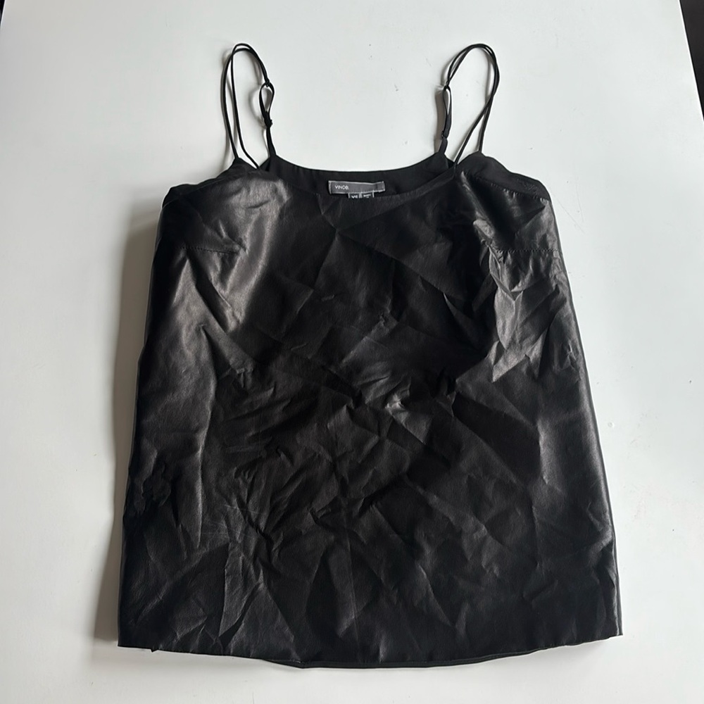 Vince black leather & silk tank top w/ adjustable straps